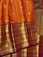 Load image into Gallery viewer, Classic Apricot Orange &amp; Dark Plum 2gm Zari Vaira Oosi Checks Elegance Kanchipuram Handloom Silk Saree SS28081
