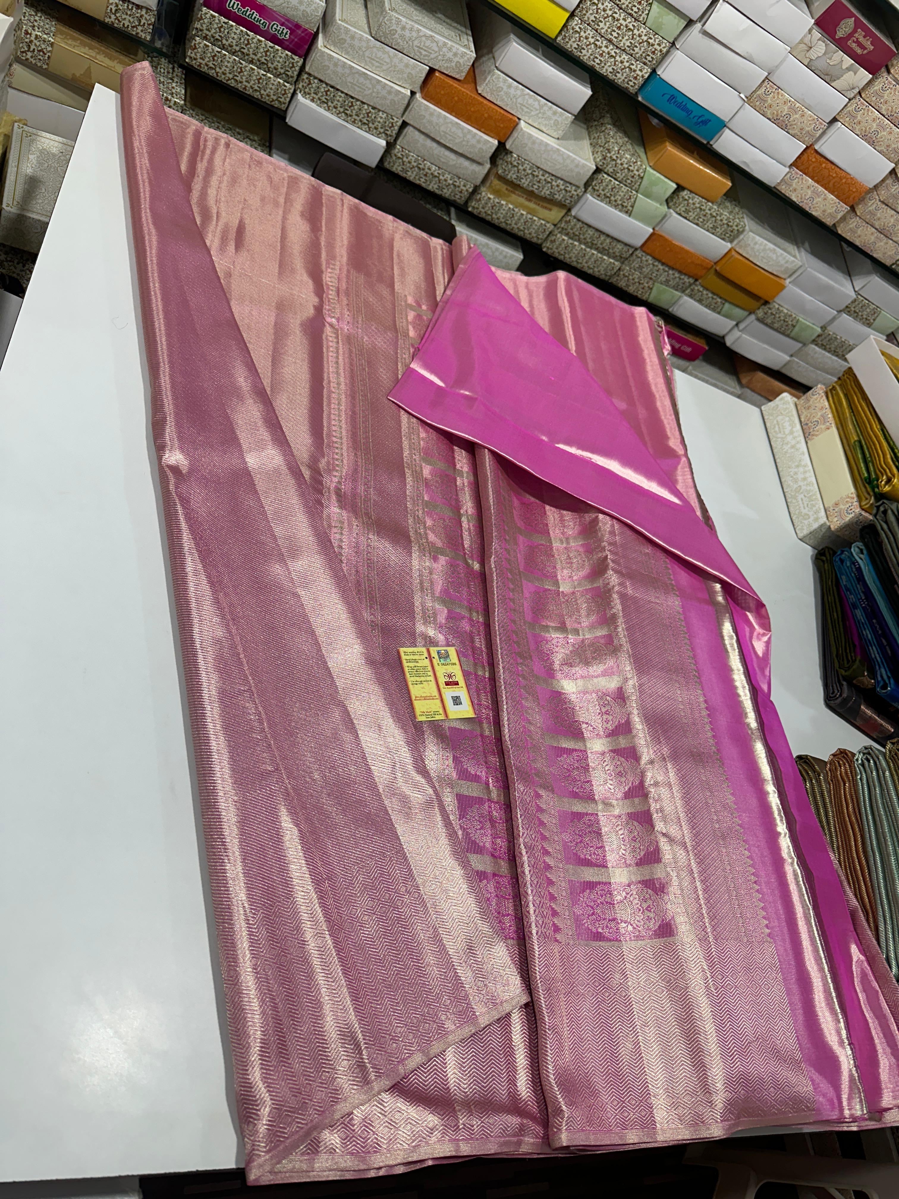 Classic Pink Gold Tissue Bridal Elegance Kanchipuram Tissue Handloom Silk Saree SS23879