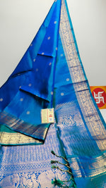Load image into Gallery viewer, Classic Peacock Blue Gold &amp; Silver Zari Double Warp Handloom Soft Silk Saree SS27853
