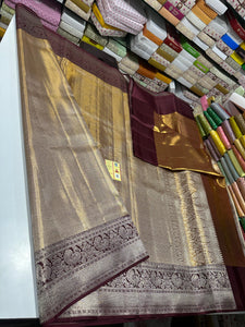 Classic Shimmer Gold & Coffee Brown Bridal Elegance Kanchipuram Tissue Handloom Silk Saree SS25714