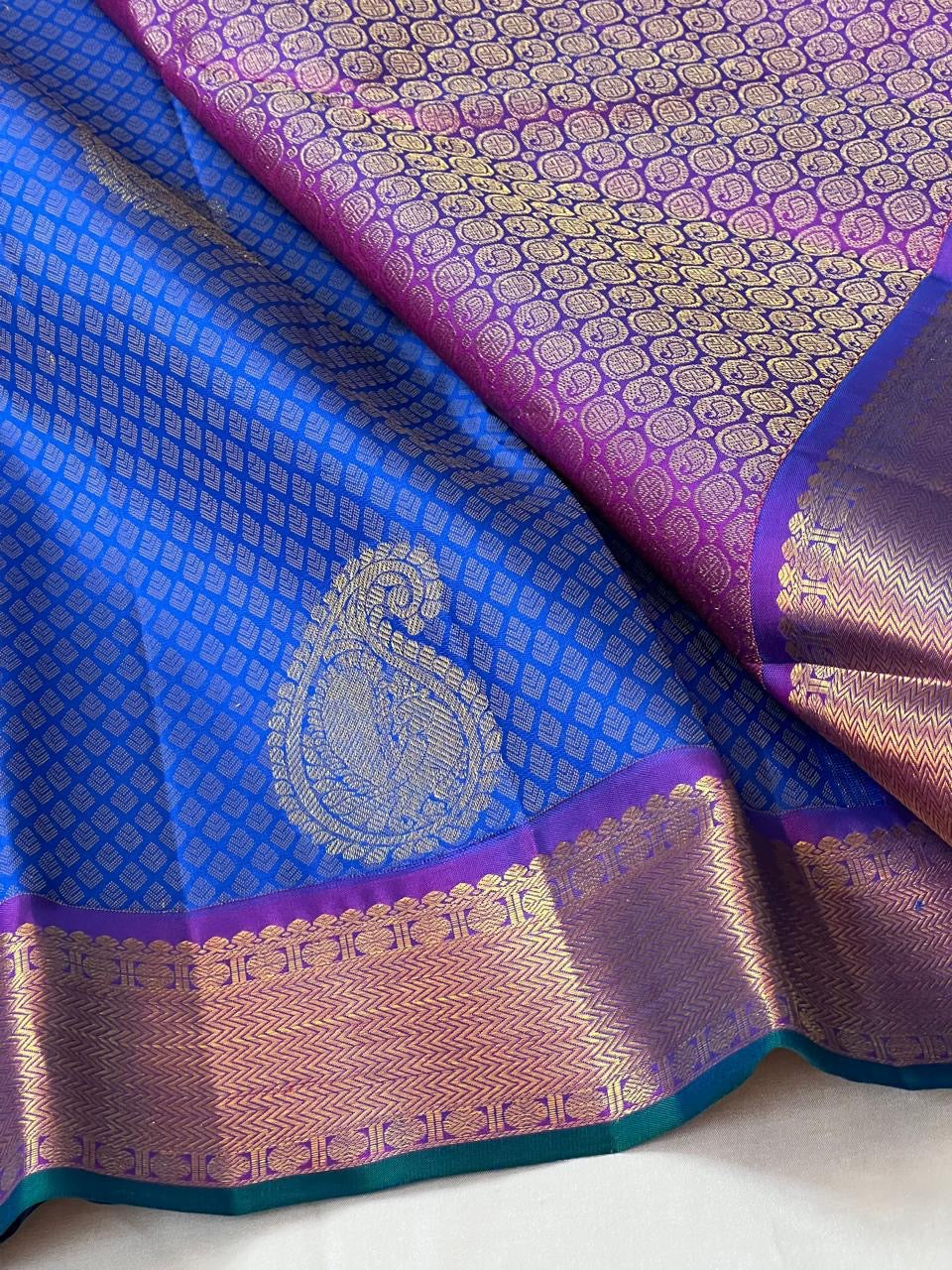 Classic Azure Blue & Wine Purple 2gm Zari Elegance Kanchipuram Handloom Silk Saree SS24827