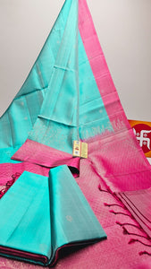 Classic Turquoise Green & Pink Elegance Handloom Soft Silk Saree SS24750