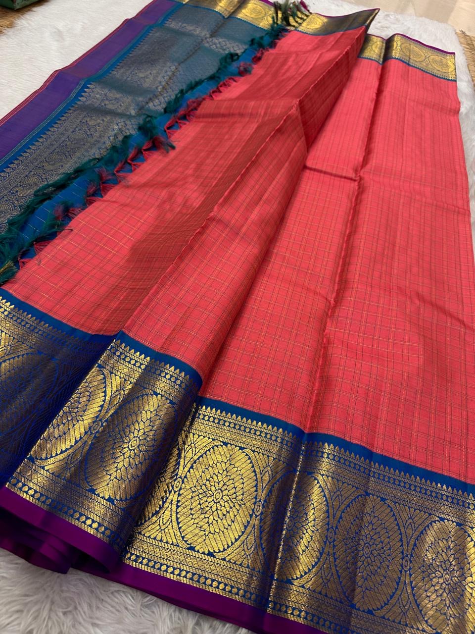 Classic Salmon Pink & Cobalt Blue 2gm Zari Elegance Kanchipuram Handloom Silk Saree SS23740