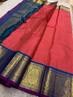 Load image into Gallery viewer, Classic Salmon Pink &amp; Cobalt Blue 2gm Zari Elegance Kanchipuram Handloom Silk Saree SS23740
