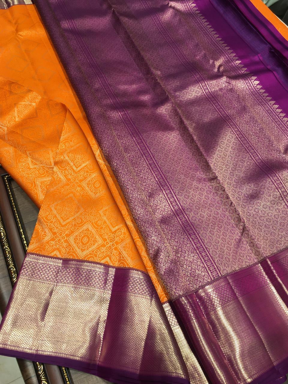 Classic Tangerine Orange & Vadamalli Bridal Elegance Kanchipuram Handloom Silk Saree SS26697