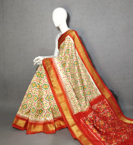 Classic Butter Cream & Orange Ikkat Elegance Handloom Soft Silk Saree SS23094