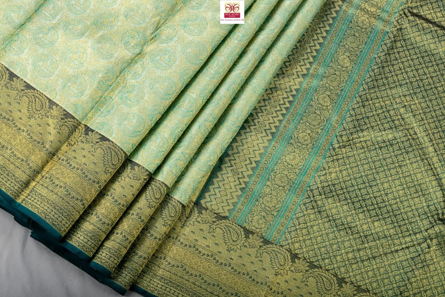 Classic Pastel Olive Green & Persian Green Kanchipuram Handloom Silk Saree SS26622