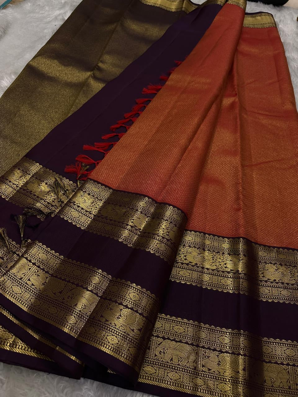 Classic Tangy Orange & Coffee Brown Elegance Kanchipuram Handloom Silk Saree SS24448