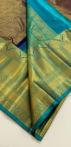 Classic Coffee Brown & Peacock Green 2gm Zari Bridal Elegance Kanchipuram Handloom Silk Saree SS23943