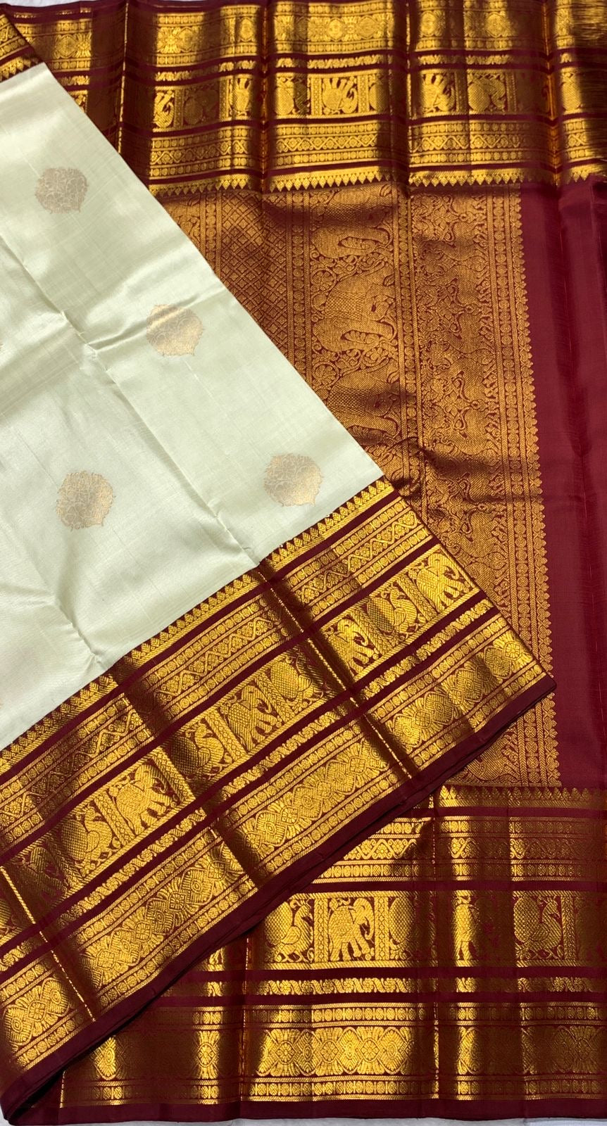 Classic Butter Cream & Caramel Brown 2gm Zari Bridal Elegance Kanchipuram Handloom Silk Saree SS21985