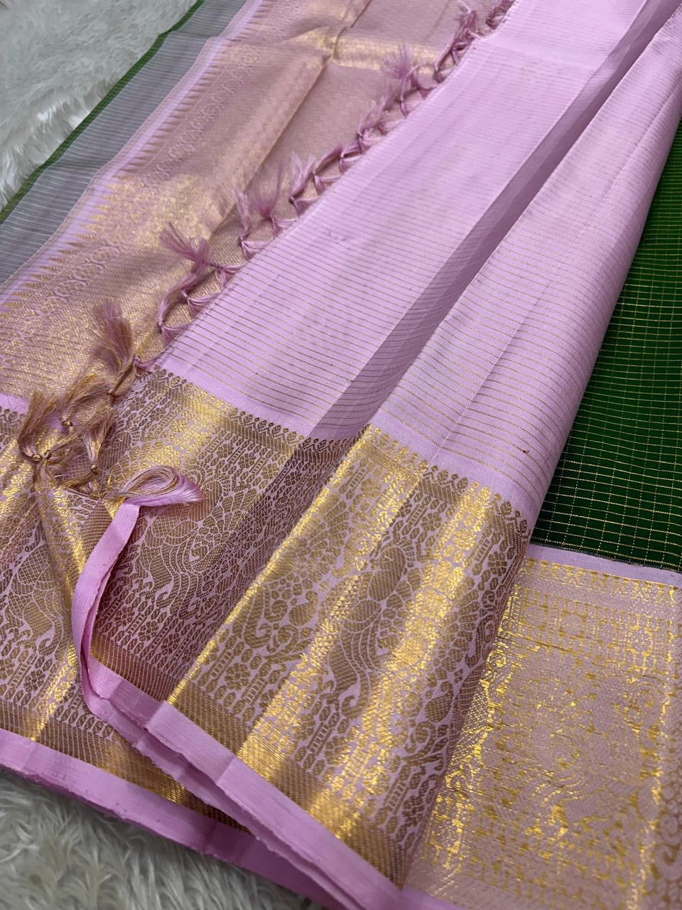 Classic Green & Baby Pink Kanchipuram Handloom Silk Saree SS26029