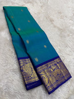 Load image into Gallery viewer, Classic Peacock Blue &amp; Imperial Blue Elegance Kanchipuram Handloom Silk Saree SS27211

