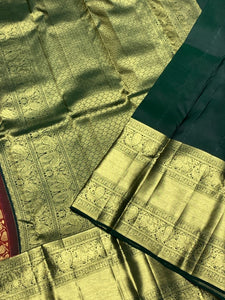 Classic Cherry Red & Deep Green 2gm Zari Bridal Elegance Kanchipuram Handloom Silk Saree SS25357