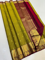 Load image into Gallery viewer, Classic Olive Green &amp; Barn Red Elegance Kanchipuram Handloom Silk Saree SS24327
