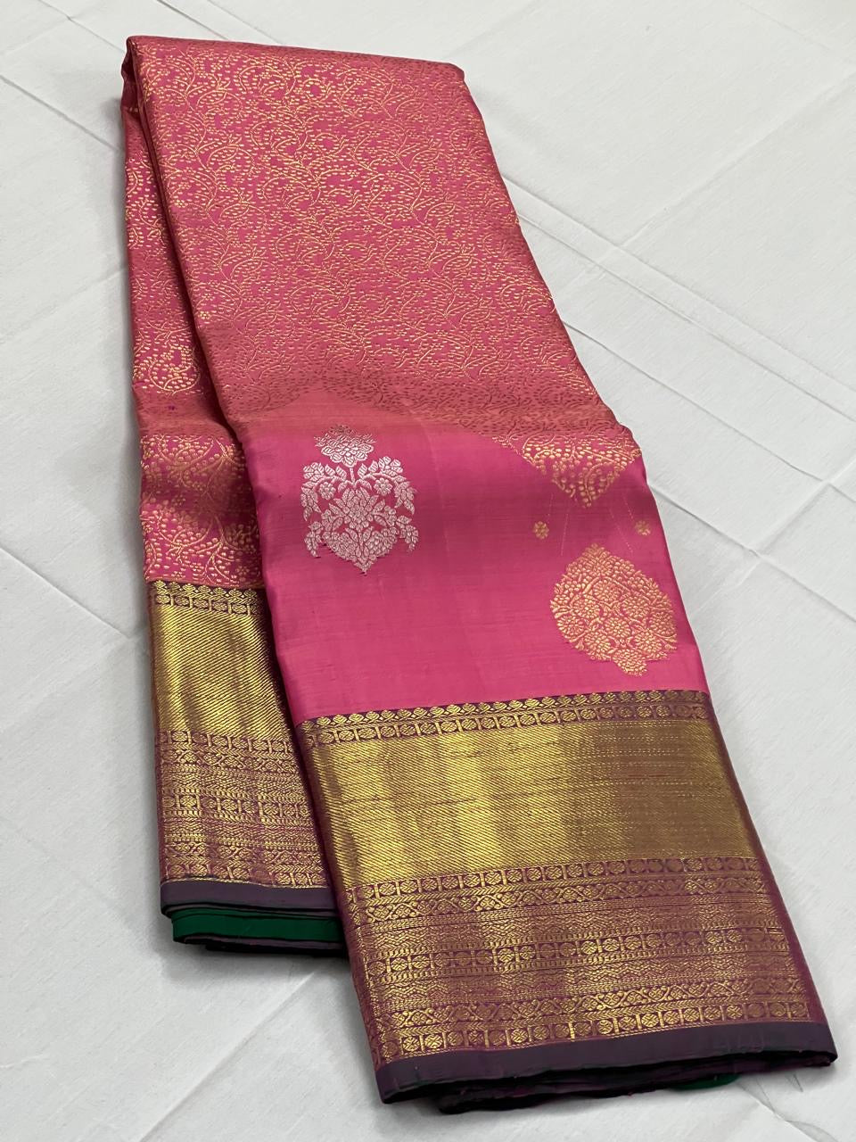 Classic Rose Pink 2gm Zari Thread Work Kanchipuram Handloom Silk Saree SS26021