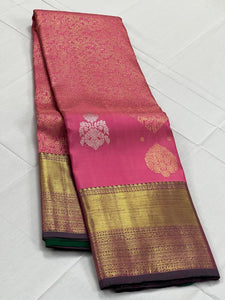 Classic Rose Pink 2gm Zari Thread Work Kanchipuram Handloom Silk Saree SS26021