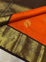 Load image into Gallery viewer, Classic Orange &amp; Dark Brown 2gm Zari Korvai Bridal Elegance Kanchipuram Handloom Silk Saree SS24482
