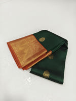 Load image into Gallery viewer, Classic Bottle Green &amp; Melon Orange 2gm Zari Elegance Kanchipuram Handloom Silk Saree SS24812
