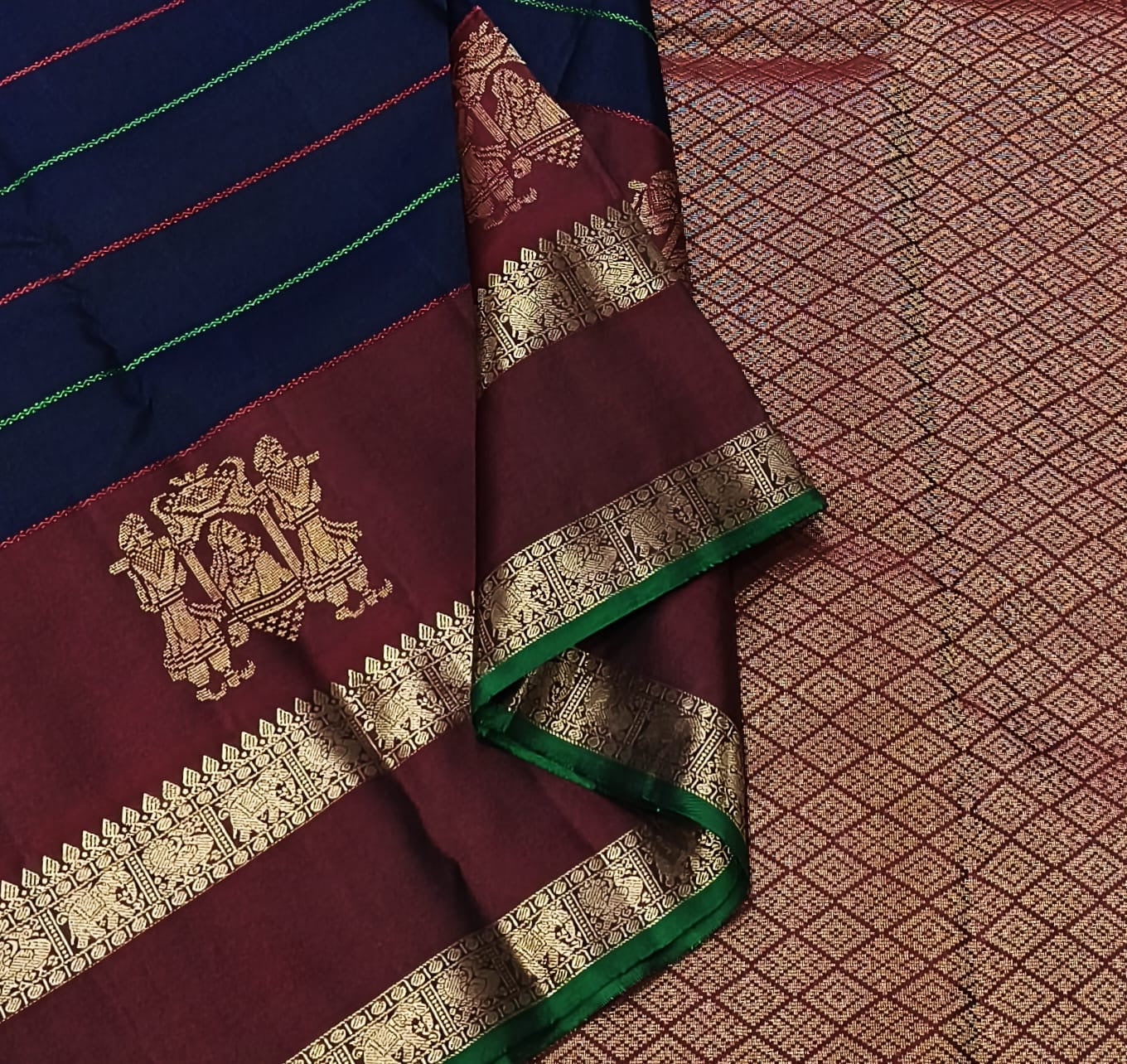 Classic Navy Blue & Brown 1gm Zari Kanchipuram Handloom Silk Saree SS25913