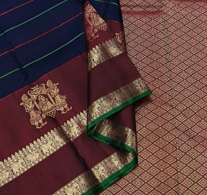 Classic Navy Blue & Brown 1gm Zari Kanchipuram Handloom Silk Saree SS25913