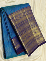 Load image into Gallery viewer, Classic Peacock Blue &amp; Dark Plum 2gm Zari Vaira Oosi Checks Elegance Kanchipuram Handloom Silk Saree SS28080
