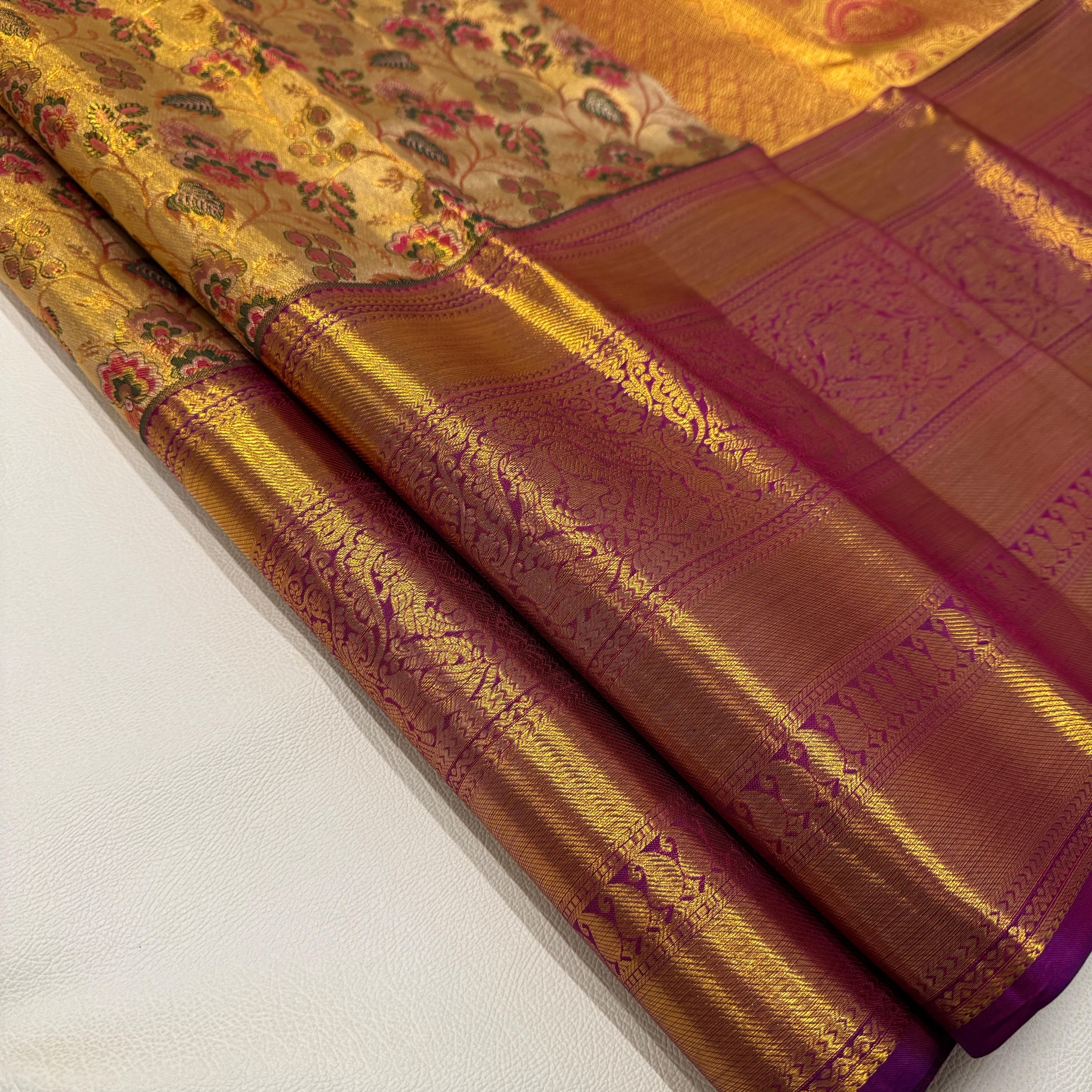 Classic Gold & Vadamalli Purple Korvai Border 1gm Zari Meena Floral Bridal Elegance Kanchipuram Tissue Handloom Silk Saree SS25353
