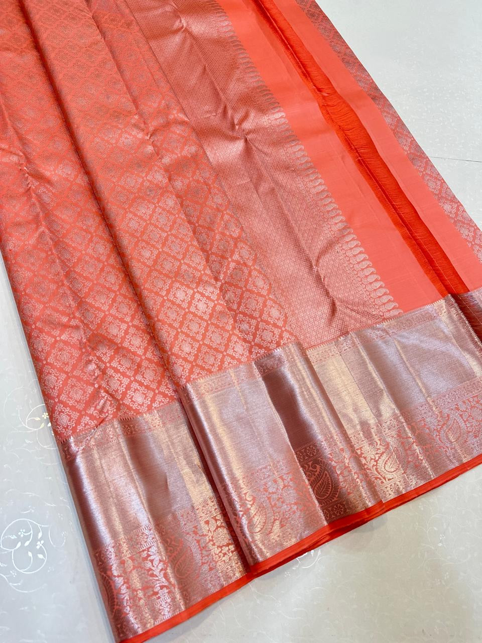 Classic Coral Orange Silver Zari Bridal Elegance Kanchipuram Handloom Silk Saree SS23578