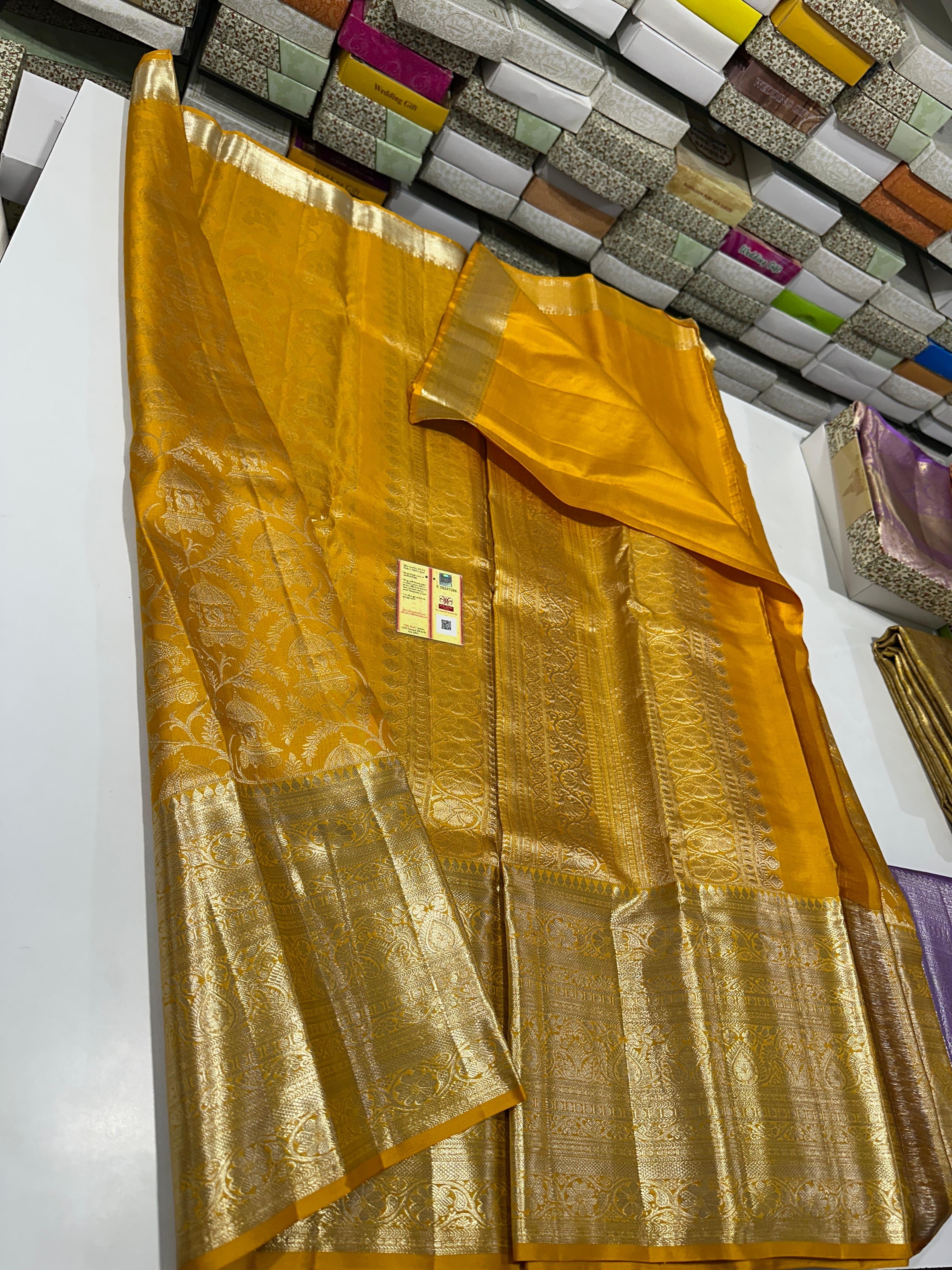 Classic Mango Mustard Yellow Bridal Elegance Kanchipuram Handloom Silk Saree SS24667