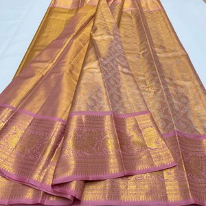 Classic Creamy Pink 1gm Zari Bridal Elegance Kanchipuram Tissue Handloom Silk Saree SS24631