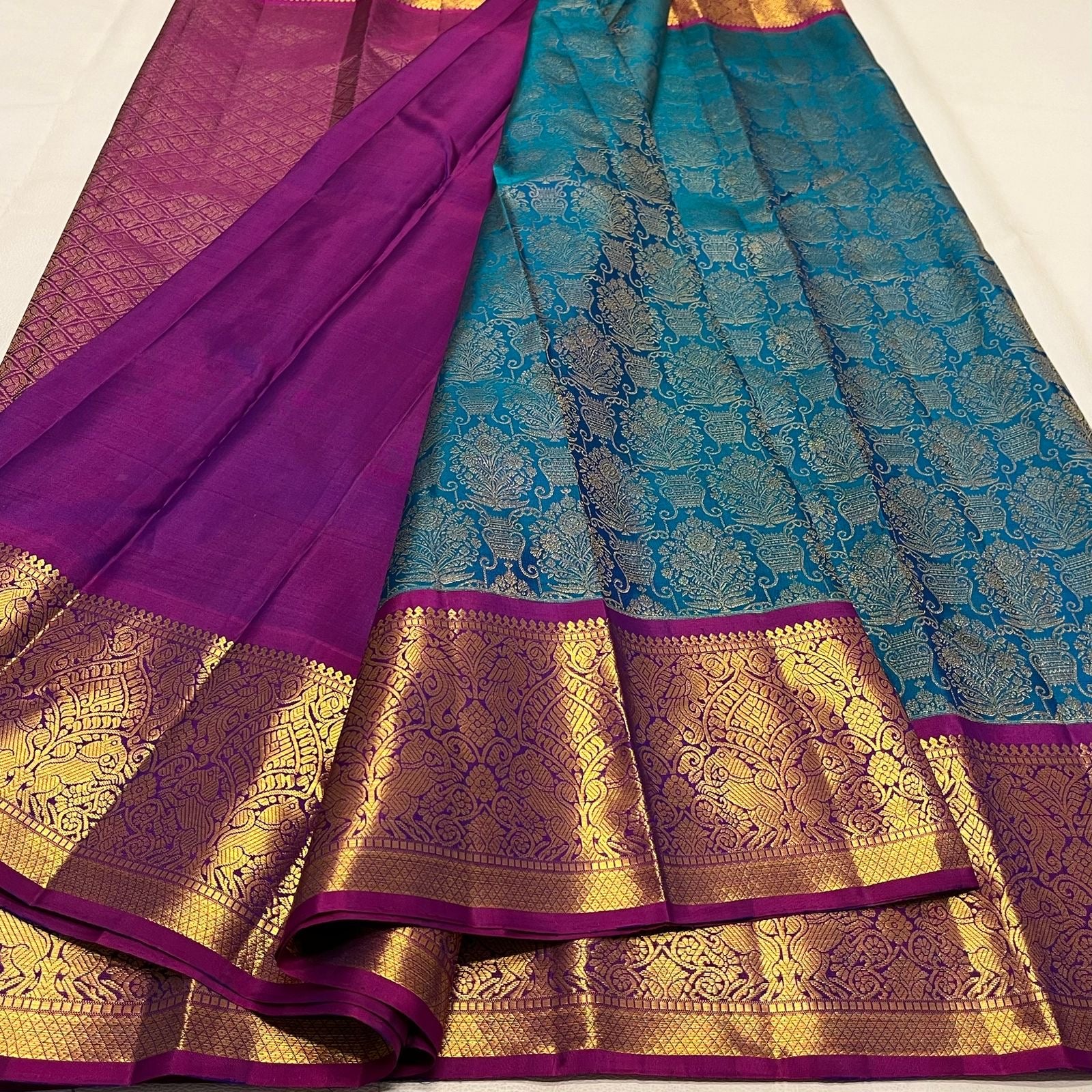 Classic Peacock Blue & Wine Purple 1gm Zari Bridal Elegance Kanchipuram Handloom Silk Saree SS19242