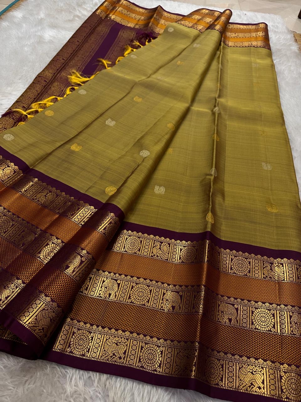 Classic Mustard & Plum 2gm Zari Elegance Kanchipuram Handloom Silk Saree SS24232