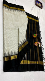 Load image into Gallery viewer, Classic Pearl Cream &amp; Charcoal Black Elegance Kanchipuram Handloom Silk Saree SS24525
