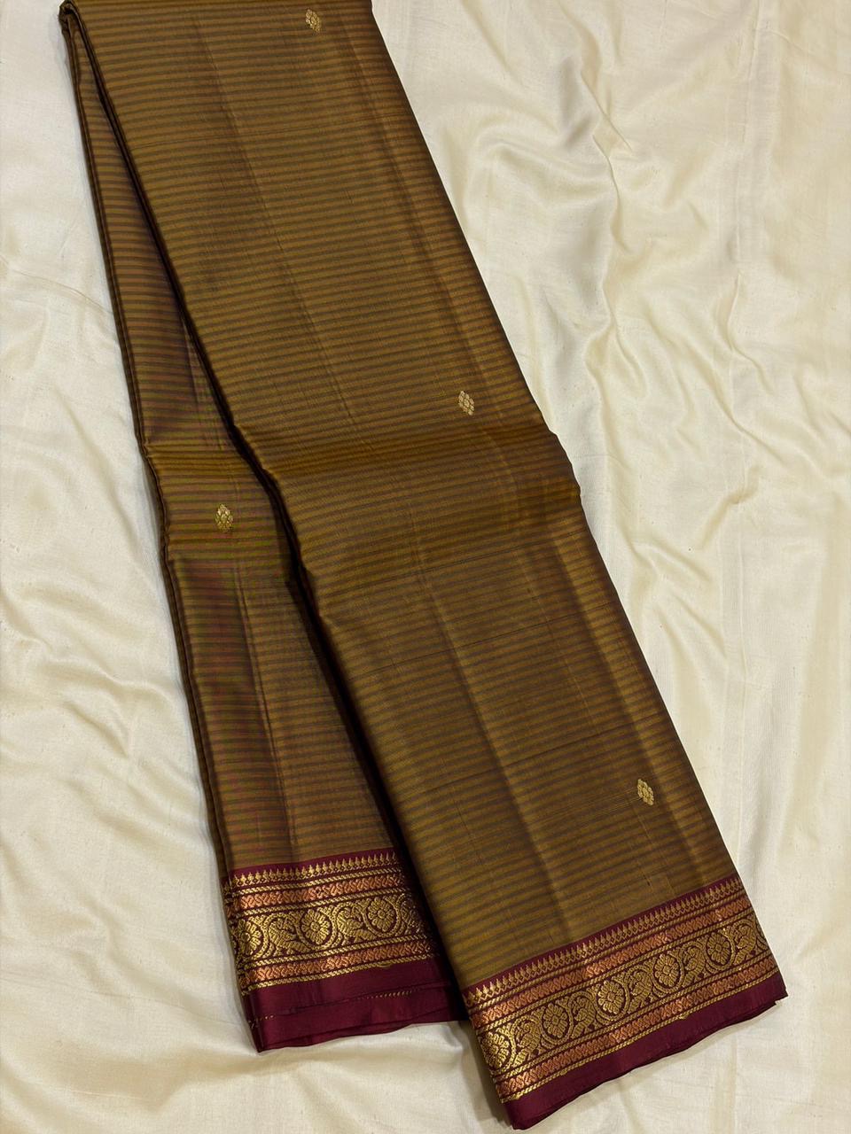 Classic Mustard & Plum Traditional Butta Kanchipuram Handloom Silk Saree SS26594