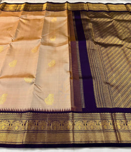 Classic Golden Beige & Deep Violet 2gm Zari Elegance Kanchipuram Handloom Silk Saree SS25393