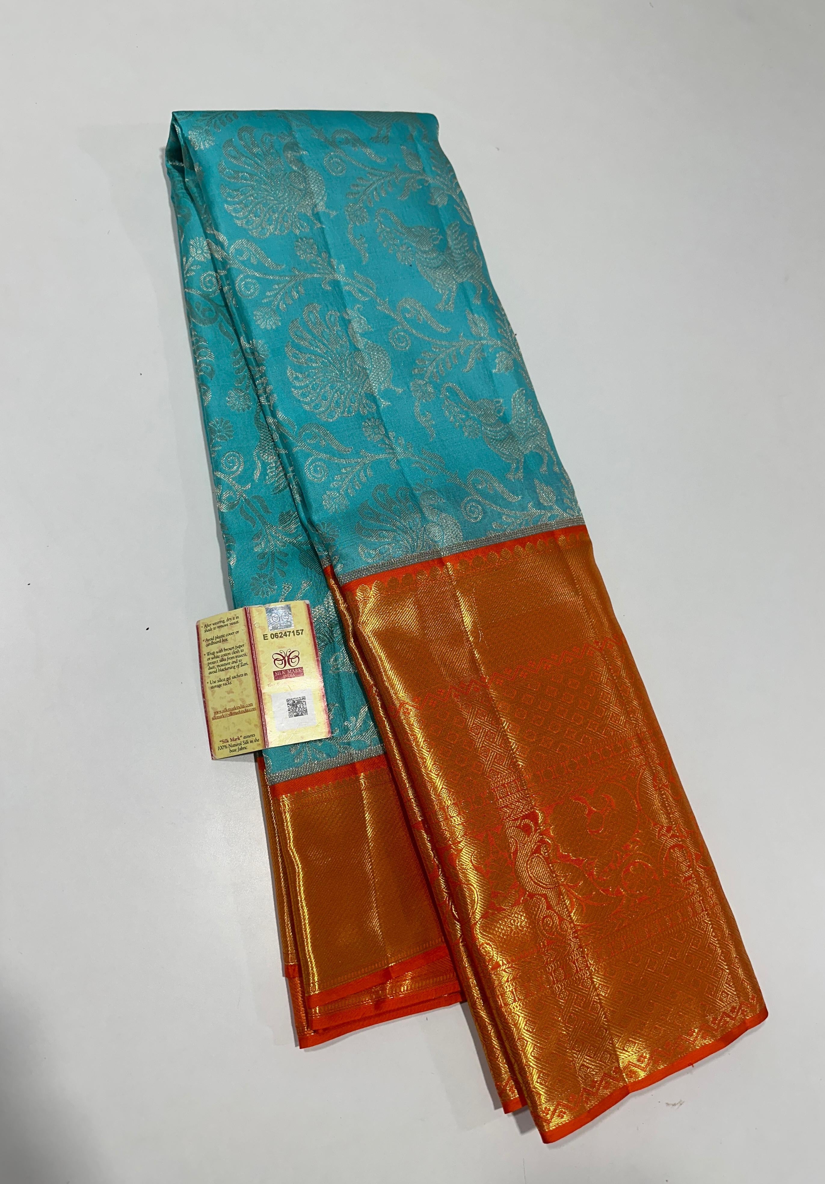 Classic Ice Blue & Orange Bridal Elegance Kanchipuram Handloom Silk Saree SS23709