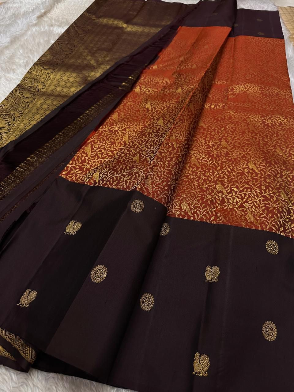 Classic Burnt Orange & Coffee Brown Kanchipuram Handloom Silk Saree SS26409