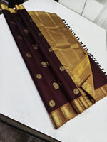 Load image into Gallery viewer, Classic Dark Coffee Brown &amp; Mustard 1gm Zari Elegance Kanchipuram Handloom Silk Saree SS24238
