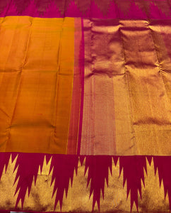 Classic Mustard Orange & Ruby Red 1gm Zari Korvai Elegance Kanchipuram Handloom Silk Saree SS23666