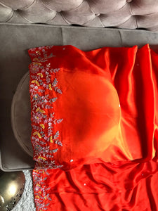 Classic Tangy Orange Pearl Sequins Handwork Satin Organza Silk Saree SS20623