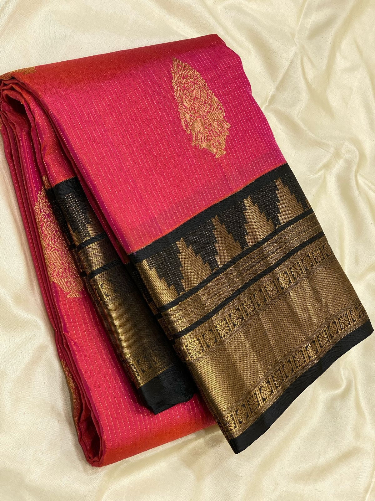 Classic Rose Pink & Charcoal Black 2gm Zari Elegance Kanchipuram Handloom Silk Saree SS24605