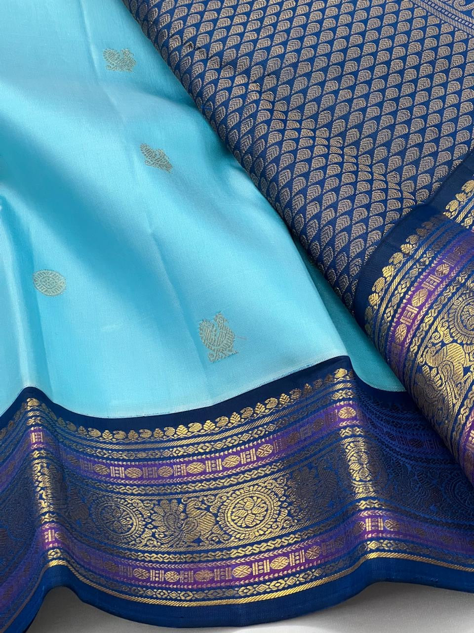 Classic Sky Blue & Prussian Blue 2gm Zari Kanchipuram Handloom Silk Saree SS26391