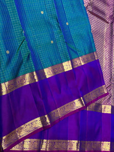 Classic Peacock Blue & Purple 2gm Zari Vaira Oosi Kanchipuram Handloom Silk Saree SS25584