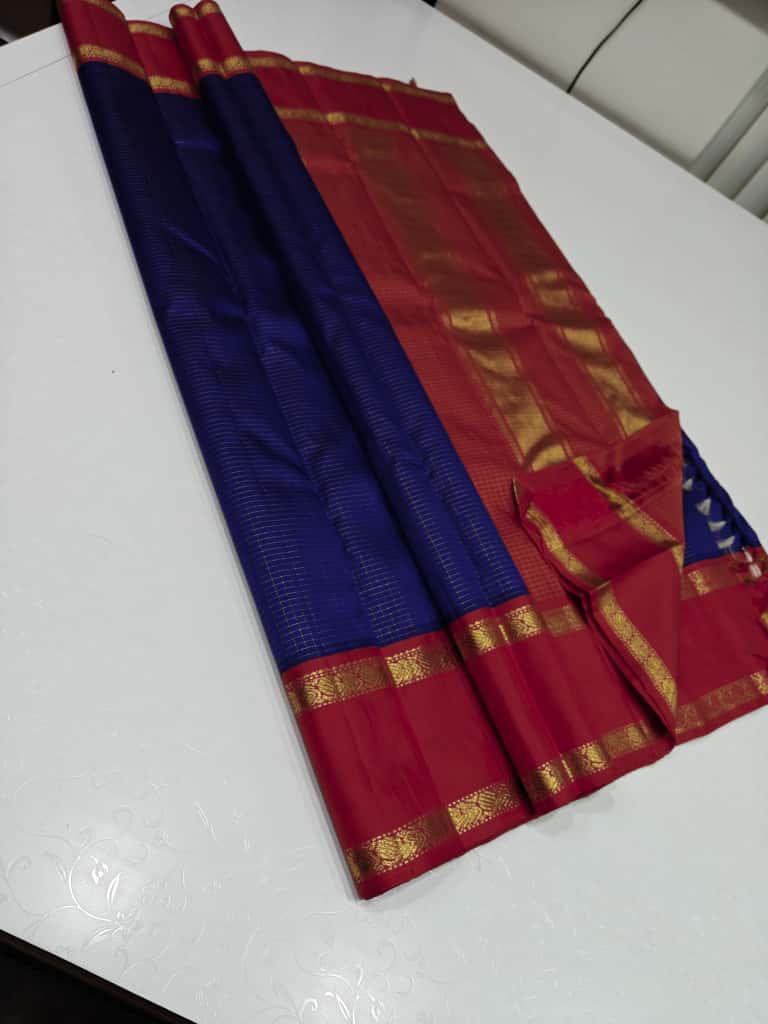 Classic Royal Blue & Brick Red 2gm Zari Korvai Kanchipuram Handloom Silk Saree SS26643
