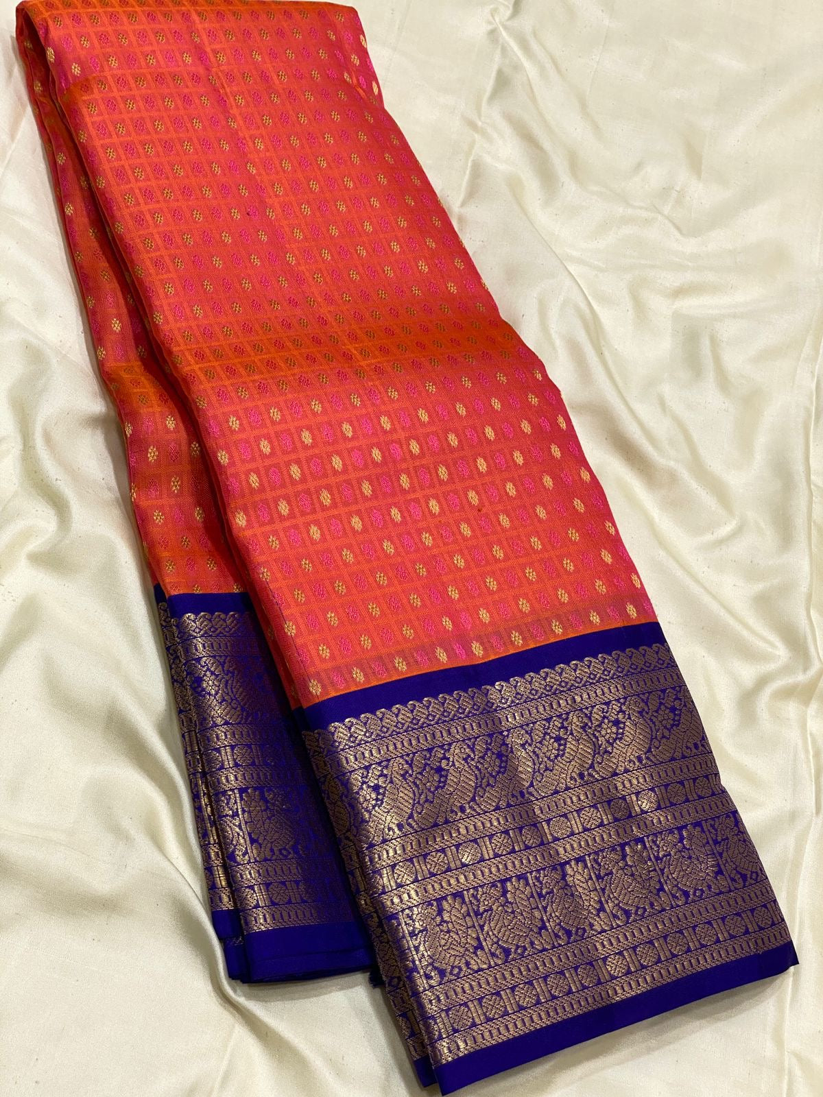 Classic Orange Rose & Robin Blue Elegance Kanchipuram Silk Saree SS24216