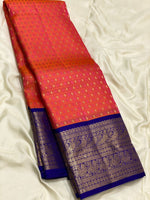 Load image into Gallery viewer, Classic Orange Rose &amp; Robin Blue Elegance Kanchipuram Silk Saree SS24216
