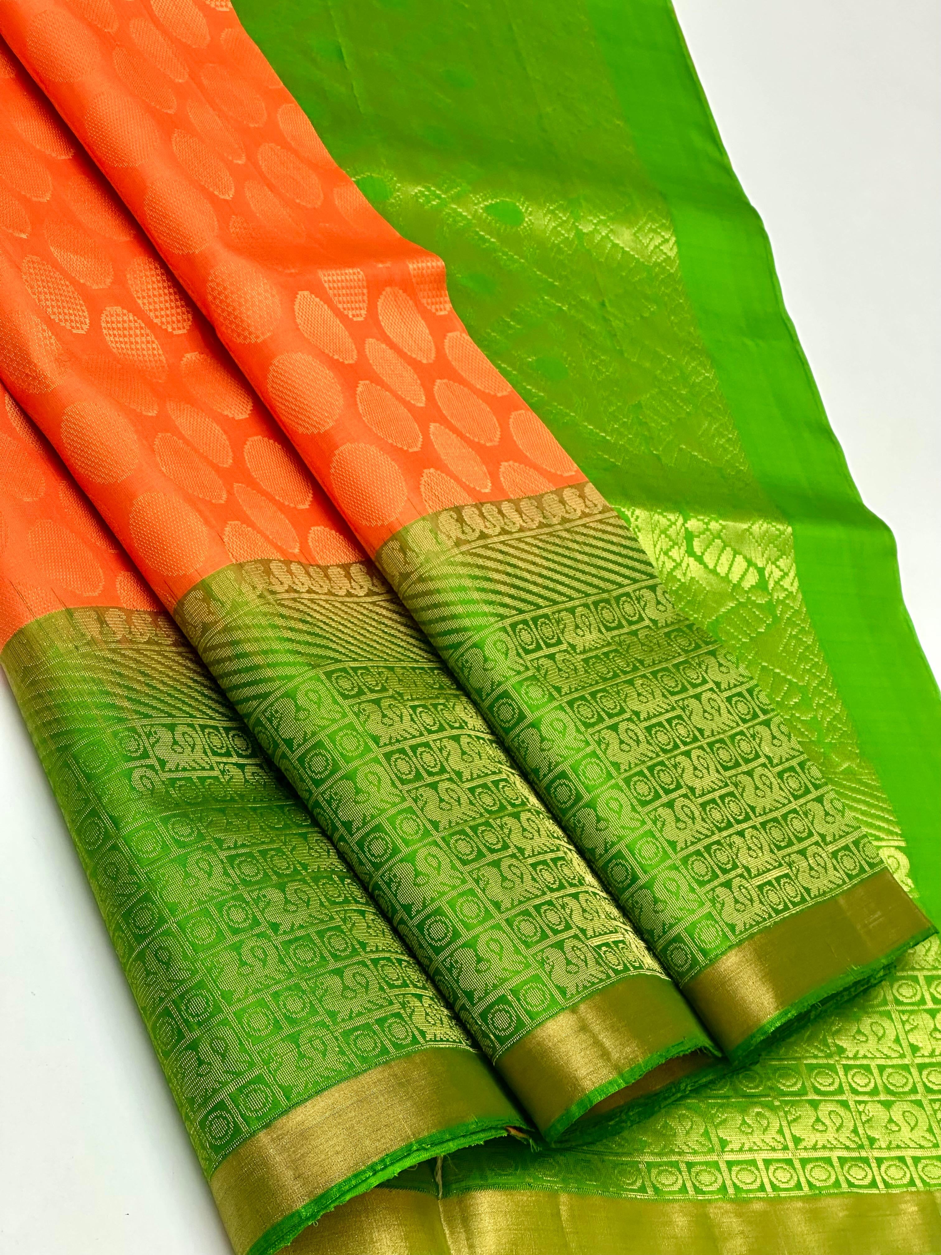 Classic Tangerine Orange & Green Double Warp Elegance Handloom Soft Silk Saree SS26649