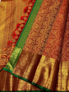 Classic Burnt Orange & Green 2gm Zari Kanchipuram Handloom Silk Saree SS25611