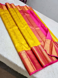 Classic Sunny Yellow & Fuchsia Pink 1gm Zari Elegance Kanchipuram Handloom Silk Saree SS24039