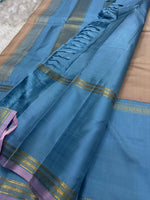 Load image into Gallery viewer, Classic Sand Beige &amp; Teal Blue 2gm Zari Korvai Checks Elegance Kanchipuram Handloom Silk Saree SS27812
