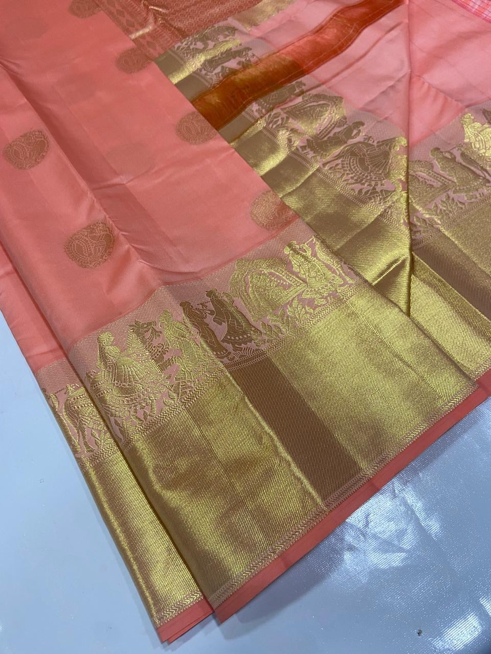 Classic Pastel Peach Elegance Kanchipuram Handloom Silk Saree SS23774